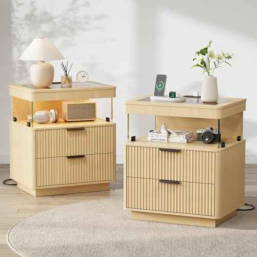 Fluted Nightstands Set of 2 with Charging Station