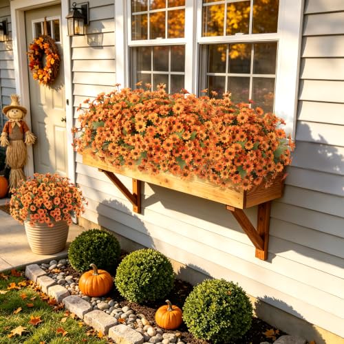 Artificial Fall Flowers Fake Mums Plants for Outdoors Decoration (Orange)