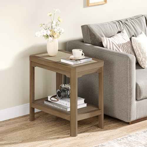 Rattan Side Table End Table Farmhouse Boho Nightstands (Caramel Oak, Geometric Edges)
