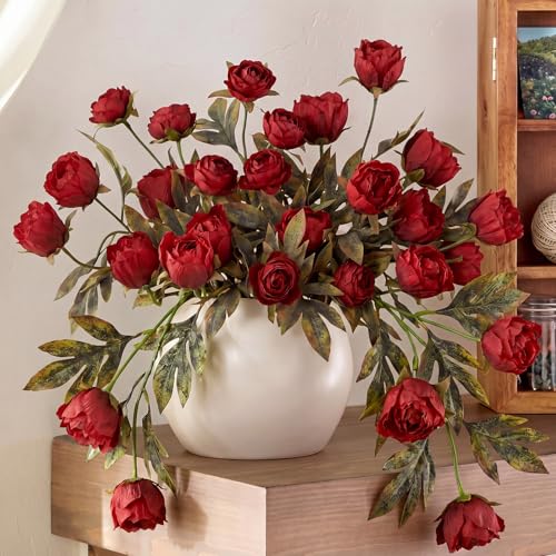 Faux Silk Peony Artificial Flowers Stem for Vase (Burgundy)