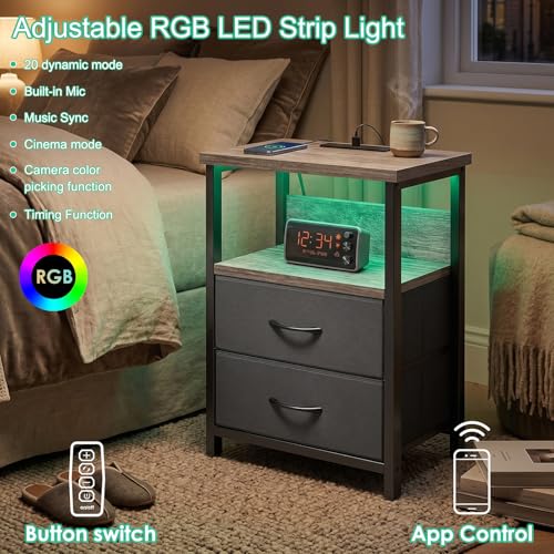 Night Stand with Charging Station (15.7"D x 11.8"W x 23.6"H (2 drawers) / Power+Light (1pc) / French Oak)