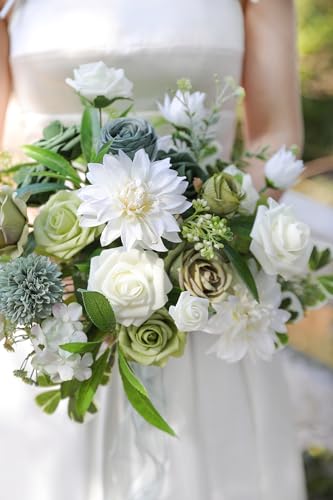 Artificial Flowers Combo Box Set for DIY Wedding Bouquets Centerpieces Arrangements Bridal Shower Party Home Decorations (White & Forest Green)