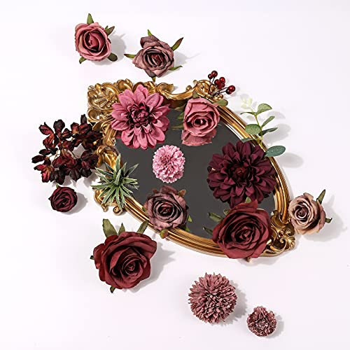 Artificial Flowers Combo Dahlia 25pcs Silk Fake Flowers Roses for DIY Wedding Bouquets Burgundy Centerpieces Arrangements Party Bridal Baby Shower Home Decorations (Burgundy)