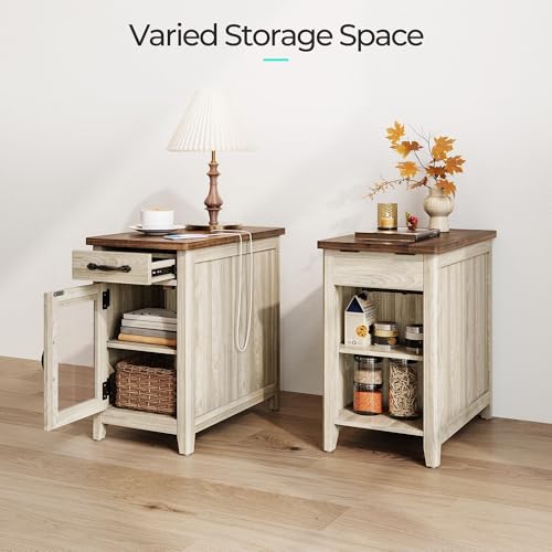 End Table with Charging Station (Washed Grey and Brown / Glass Door)