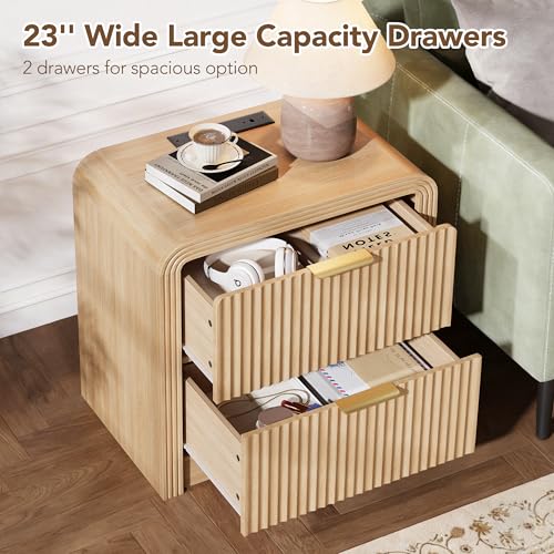 23'' Wide Fluted Nightstand with Charging Station (Oak / 2 Drawers)