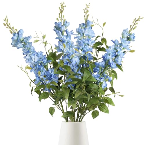 8PCS Blue Delphinium Artificial Flowers 29.5" Combo Clematis Greenery 23.6" Long Stem Flowers for Tall Vase Larkspur Silk Flowers Floral Arrangements Table Party Home Decor (Blue)