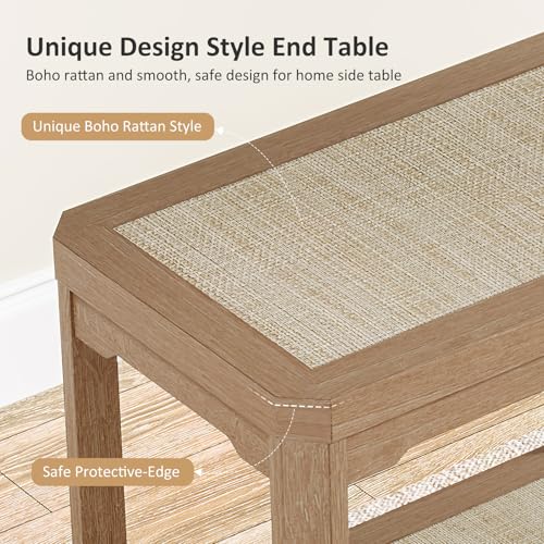 Rattan Side Table End Table Set of 2 with Geometric Edge (Natural Oak, Geometric Edges)