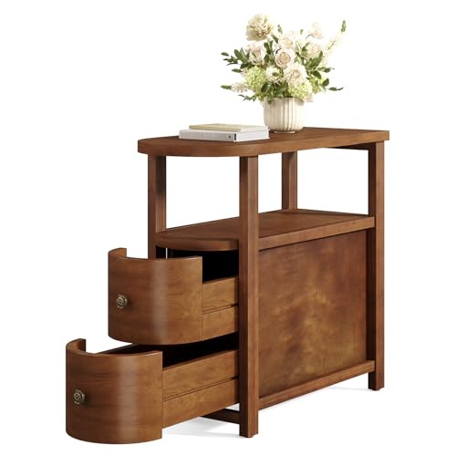 Solid Wood End Table with 2 Drawers & Open Shelf (Vintage Brown)