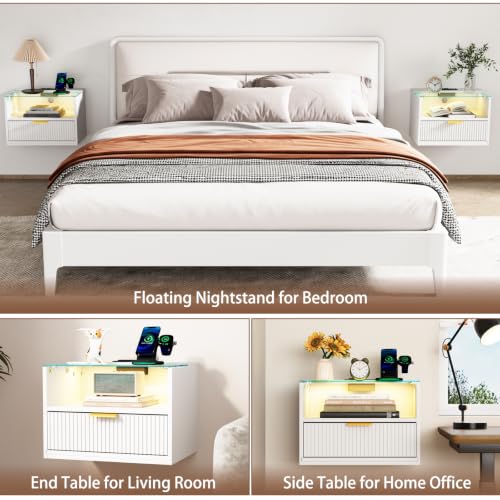 Modern Floating Nightstand Set of 2 with Charging Station & Light (White)