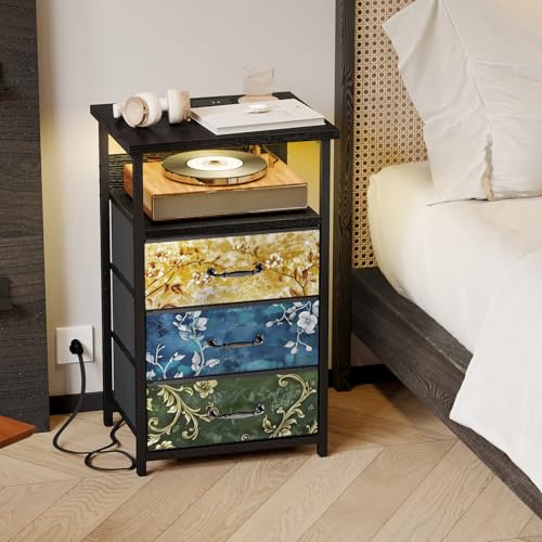 Night Stand with 3 Fabric Drawers (15.7"D x 11.8"W x 26.9"H (3 drawers) / Power+Light (1pc) / Vintage Flower)