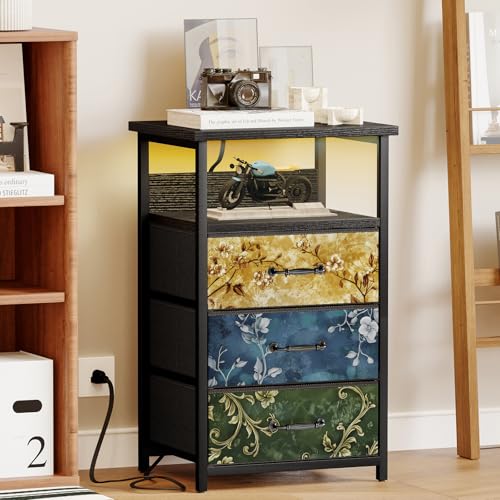 Night Stand with 3 Fabric Drawers (15.7"D x 11.8"W x 26.9"H (3 drawers) / Power+Light (1pc) / Vintage Flower)