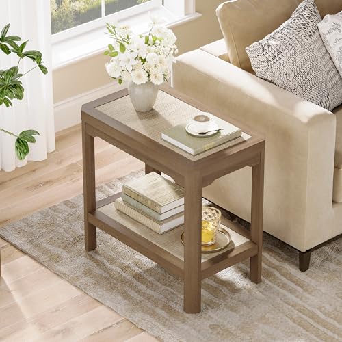 Rattan Side Table End Table Farmhouse Boho Nightstand Set of 2 (Caramel Oak, Geometric Edges)