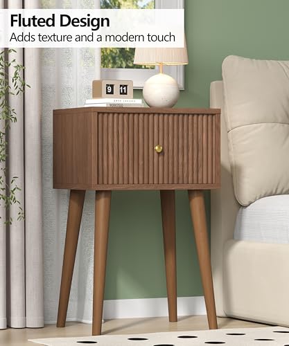 Small Nightstand Set 2 Fluted Wooden Nightstands Wood Legs Walnut (Walnut)