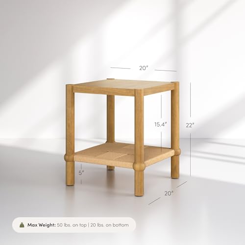 River Modern Coastal Side Table with Solid Wood Legs and Seagrass Storage Shelf (Light Brown/Seagrass / Single)