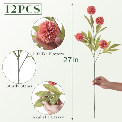 12 Pcs 27"Artificial Pompon Mum Silk Flower Stems for Vase (Dusty Pink)