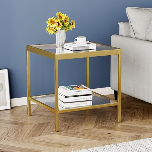 2 Tier Square End Table Side Table with Tempered Glass Top and Gold Metal Frame Modern Night Stand for Small Spaces Side Table with Storage for Living Room Bedroom (Gold / Style 1)