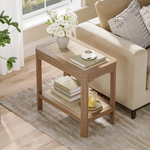 Rattan Side Table End Table Set of 2 with Geometric Edge (Natural Oak, Geometric Edges)