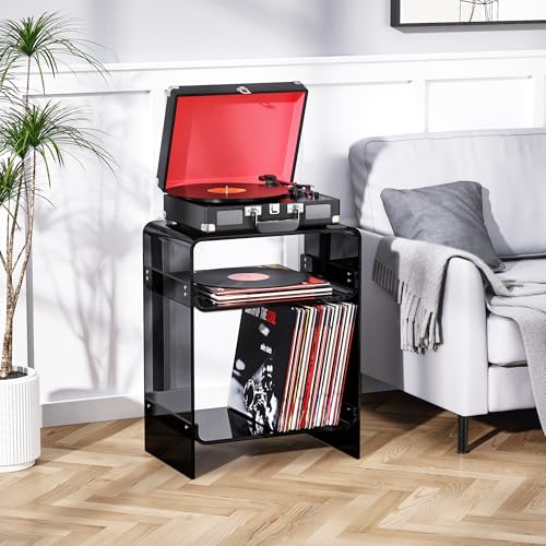 Acrylic Record Player Table with Storage Shelf (Black / Large)