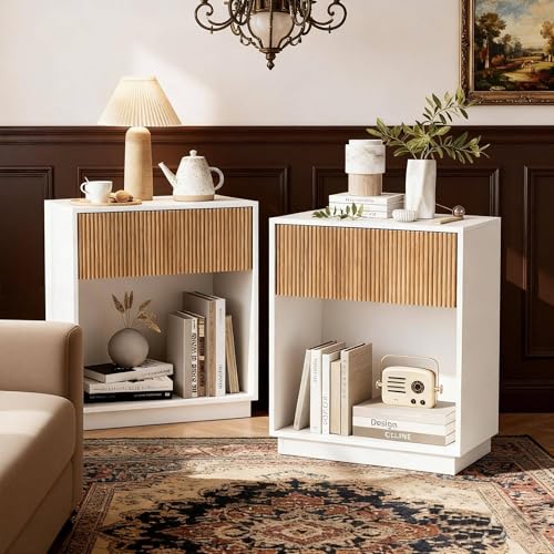 Fluted Nightstands Set of 2 (Oak & White)