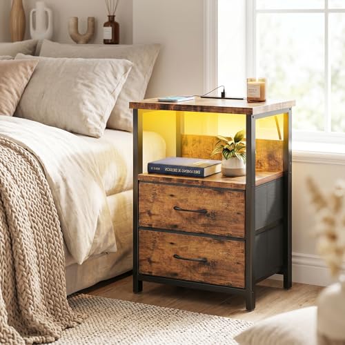 Night Stand with Charging Station (15.7"D x 11.8"W x 23.6"H (2 drawers) / Power+Light (1pc) / Rustic Brown)