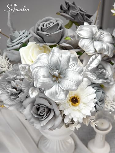 Silver Grey Artificial Flowers Silk Fake Flowers for DIY Wedding (Grey,silver / 1 Box)