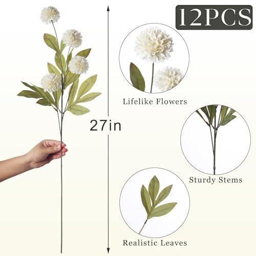 12 Pcs 27" Artificial Pompon Mum Silk Flower Stems for Vase (Cream)