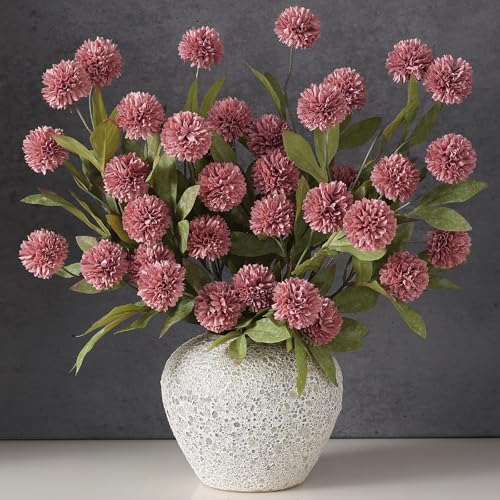 6 Pcs 27"Artificial Pompon Mum Silk Flower Stems for Vase (Warm Pink)