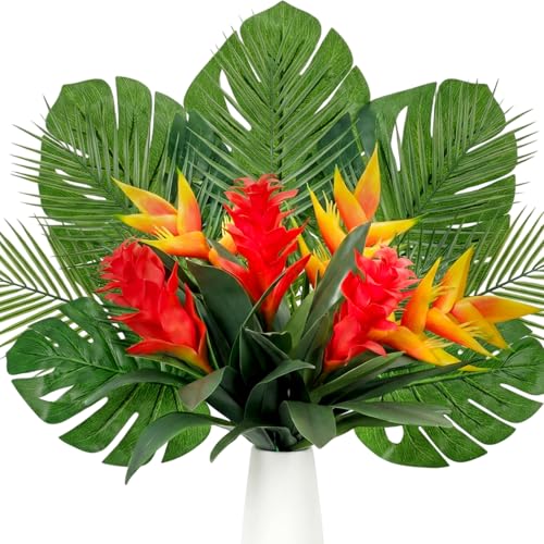 12 Pcs Artificial Tropical Bouquet Artificial Tropical Flowers Centerpieces for Tables Bromeliad Monstera Palm Leaves and Heliconia for Hawaiian Party Birthday Wedding Table Decor