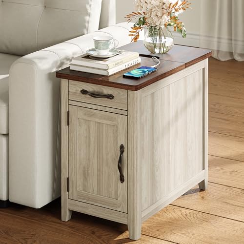 Charging End Table with USB Ports (Washed Grey and Brown / Wood Door)