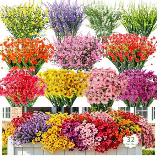 32 Bundles Artificial Flowers Plants for Outdoors (Colorful Artificial Flowers Plants)