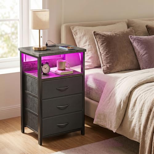 Night Stand with 3 Fabric Drawers (15.7"D x 11.8"W x 26.9"H (3 drawers) / Power+Light (1pc) / Charcoal Gray)