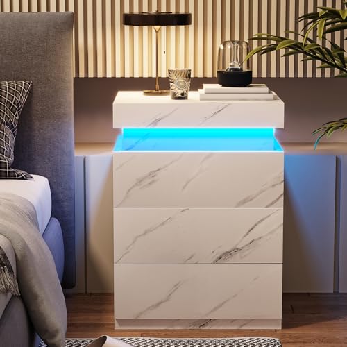 Modern Nightstand with LED Lights (White Marble)