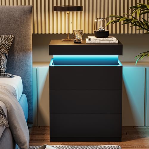 Black Nightstand with Charging Station and LED Lights (Black)