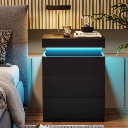 Black Nightstand with Charging Station and LED Lights (Black)