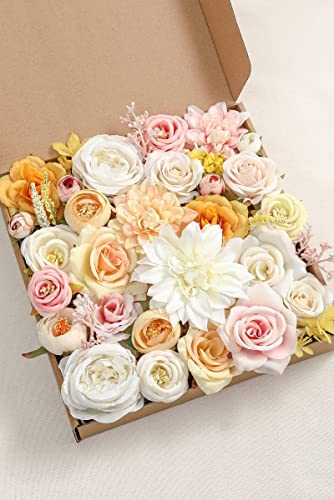Artificial Wedding Flowers Bouquets Centerpieces Faux Flowers Combo for Fake Flowers with Leaves DIY Floral Arrangements Bridal Baby Shower Home Decor (White Yellow)