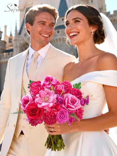 Artificial Flowers Hot Pink Magenta Fake Silk Flowers for Wedding (Hot Pink / 1 Box)