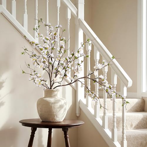 Artificial Plum Blossom Fake Cherry Blossom Branches Fake Flowers Artificial Flowers 4PCS 35.4'' Long Stem Artificial Flowers for Tall Vase Silk Flowers for Indoor Home Decor (White)