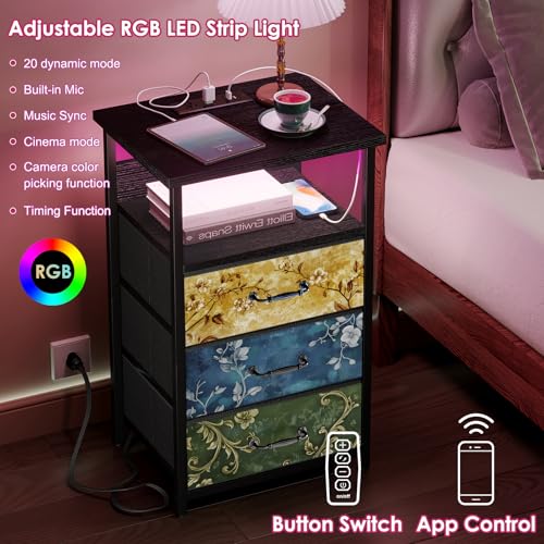 Night Stand with 3 Fabric Drawers (15.7"D x 11.8"W x 26.9"H (3 drawers) / Power+Light (1pc) / Vintage Flower)