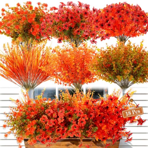 18 Bundles Realistic Fall Artificial Flowers for Outdoors UV Resistant (Mixed Orange)