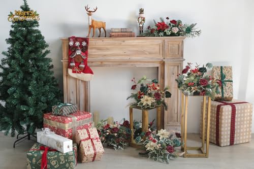 Artificial Christmas Flowers Greenery Combo Box Set Faux Flowers Bulk Flower Leaf with Stems for DIY Tree Ornaments Xmas Wreath Floral Arrangements Centerpieces (Chrismas Red)