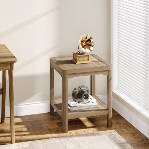 Square Rattan End Table Side Table Set of 2 with Round Edge Design (Caramel Oak, Square)