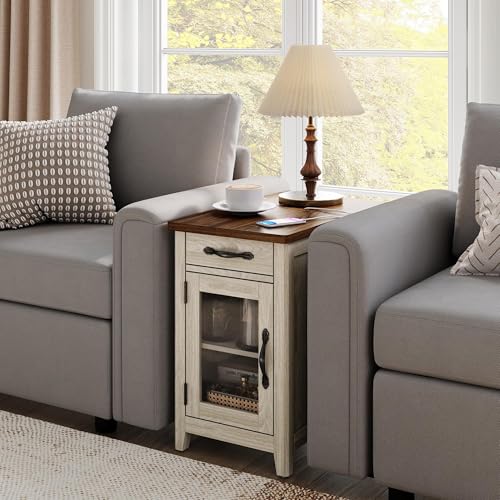 End Table with Charging Station (Washed Grey and Brown / Glass Door)