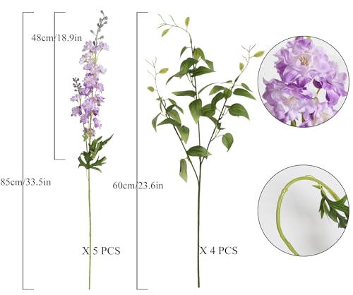 Purple Fake Flowers 9pcs Delphinium Artificial Flowers with Clematis Greenery Stems 33.5" Bluebonnet Flowers Larkspur Snapdragon Tall Fake Flowers for Home Bridal Shower Party Decor (Purple)
