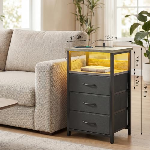 Night Stand with 3 Fabric Drawers (15.7"D x 11.8"W x 26.9"H (3 drawers) / Power+Light (1pc) / French Oak)
