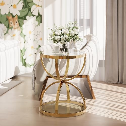 2Pcs Round Glass Coffee Table and End Table Sets with 2 Tiers (Medium / Golden)