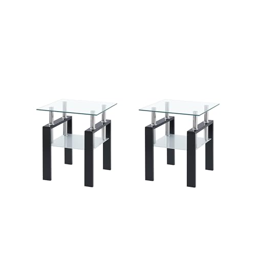 Set of 2 Modern Glass End Tables (Clear Top With Black Leg)