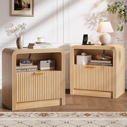 23'' Wide Fluted Nightstand Set of 2 with Charging Station (Oak / 1 Drawer & Open Shelf)