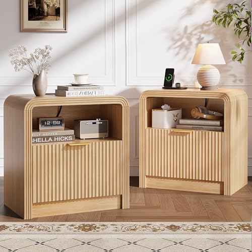23'' Wide Fluted Nightstand Set of 2 with Charging Station (Oak / 1 Drawer & Open Shelf)