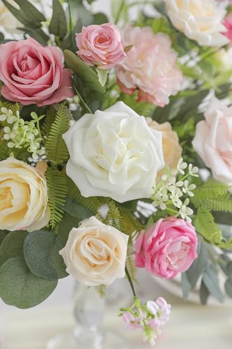 Artificial Flowers Combo Box Set for DIY Wedding Bouquets Centerpieces Arrangements Bridal Shower Party Home Decorations (Milky White&pink)