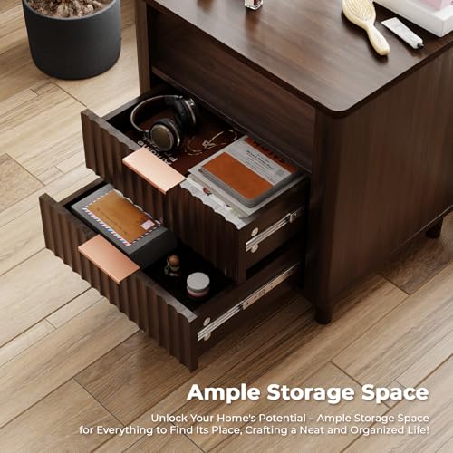 Fluted Nightstand Set of 2 with Charging Station (Walnut / 2 Drawers)